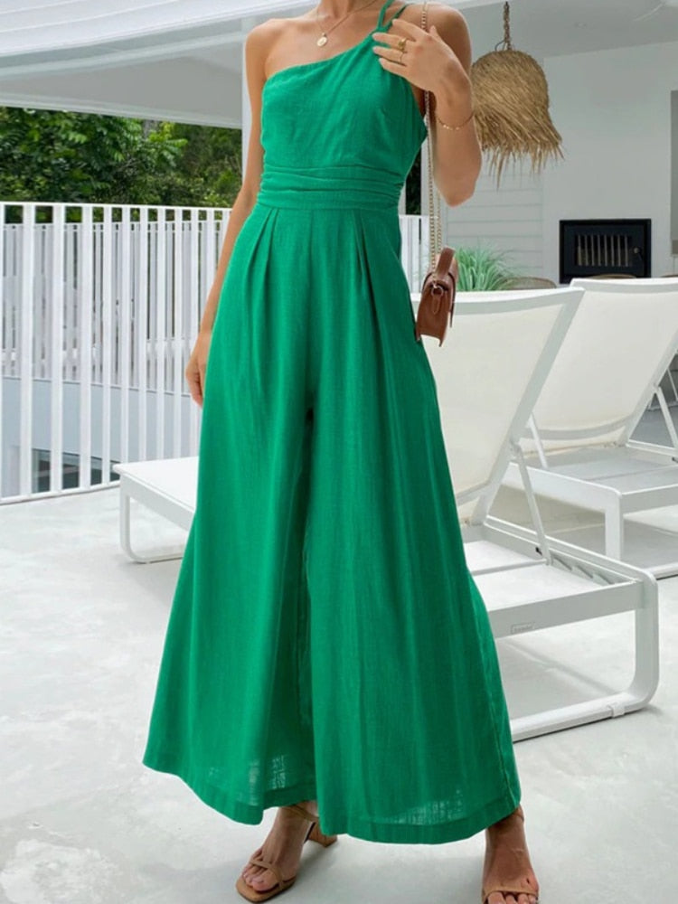 nvxiot Jumpsuit Women 2023 Summer Sleeveless Diagonal Shoulder Chic Elegant Backless Sexy Green Straight Tube Wide Leg Pants Solid Long