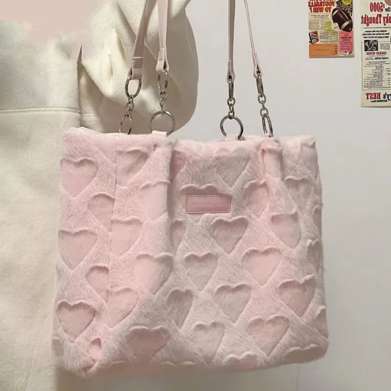 nvxiot Cute Furry Women's Casual Tote Bags Love Heart Ladies Sweet Shoulder Underarm Bags Solid Color Female Fashion Plush Handbags