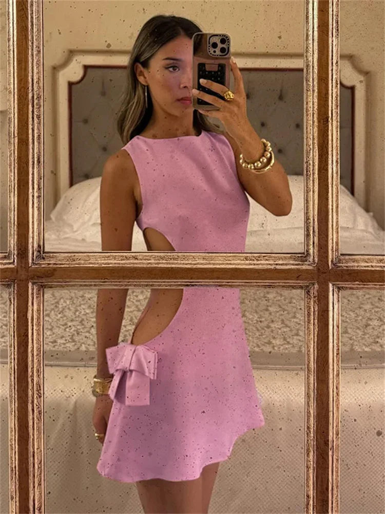 nvxiot - Tee Bow Hollow Out Fashion Mini Dress Women's Patchwork Slim High Waist Summer 2024 Zipper Dress Female Solid Mini Dress