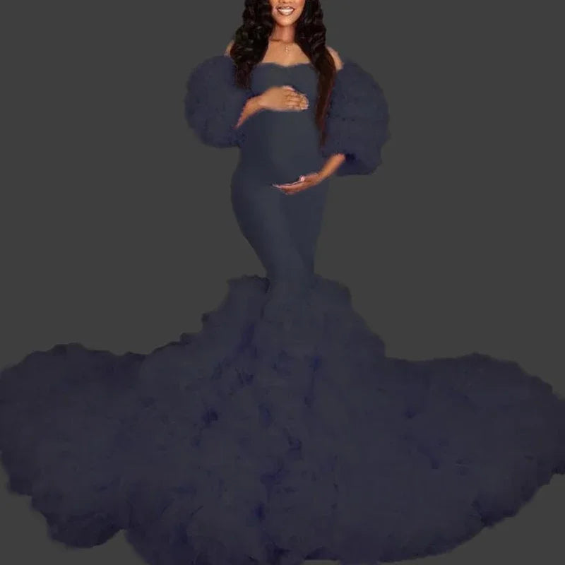 MQTIME - Hot Maternity Dresses Photoshoot Tulle Maxi Gown Baby Shower Ruffles