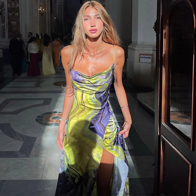 nvxiot - The New 2024 Summer Fashion Print Slim-fit Split Halter Top Strapless Dress Beach Style For Club For Party