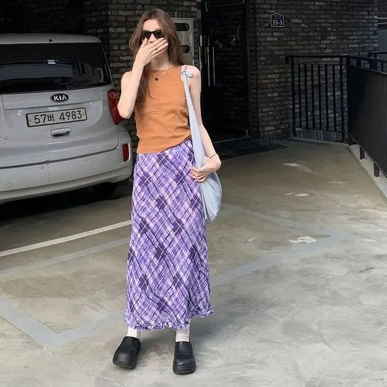 MQTIME - Vintage Purple Plaid Midi Long Skirt Plus Size Oversized 4XL Women Skirts y2k fairycore 2000s aesthetic korean clothing japanese