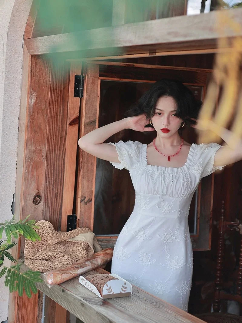 MQTIME - French White Moonlight Square Neck Bubble Sleeve Dress Women's Summer Lace Fragmented Short Skirt Women's Summer