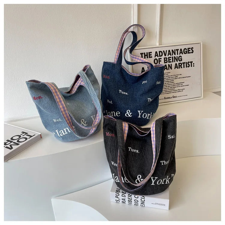 MQTIME - Vintage Denim Bucket Bag Women New Letter Print Chic Large Capacity Shoulder Tote Bag Ladies Harajuku Casual Handbag Y2k