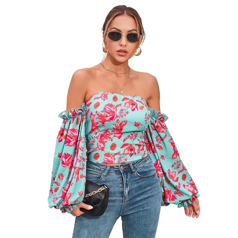 MQTIME - Women's sexy printed one-shoulder autumn new long-sleeved temperament self-cultivation puff sleeve casual top women