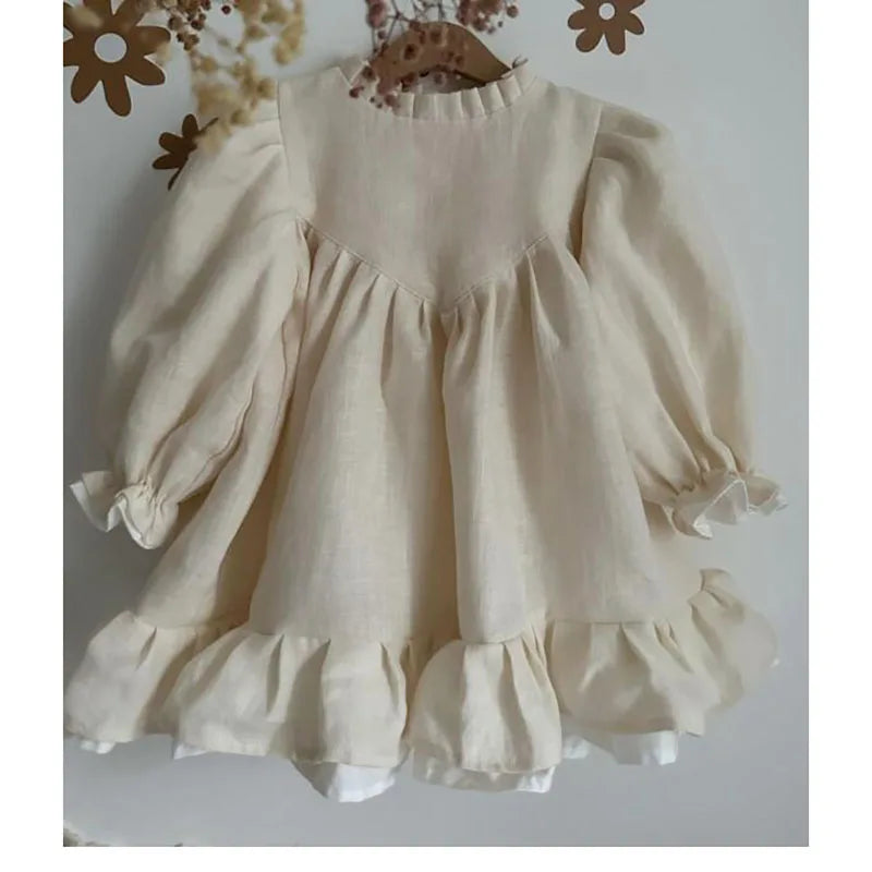 MQTIME - Spring Toddler Big A-line Girls Dress Linen Dress for Girls Puff Sleeve Princess Kids Clothes Patchwork Dresses 2-7Y