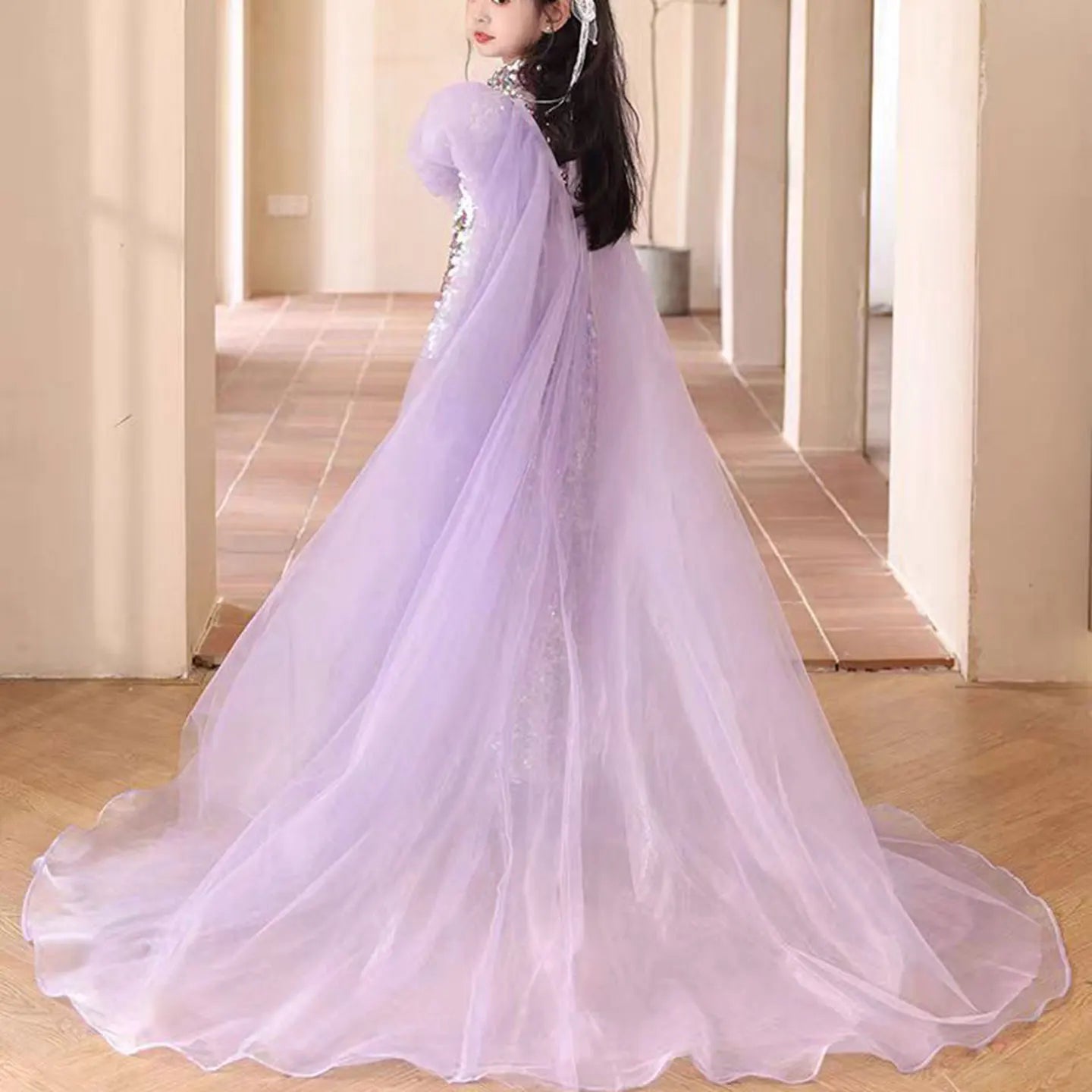 MQTIME - Shiny Lilac Girl Dress Sequined with Cap Kids Princess Gown for Birthday Wedding Holy Communion Party Honors Day J076