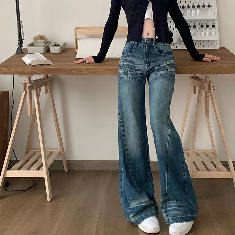 nvxiot Korean Retro Splicing Loose Casual Jeans Y2K Women Autumn New High Waist All Match Washed Denim Wide Leg Pants