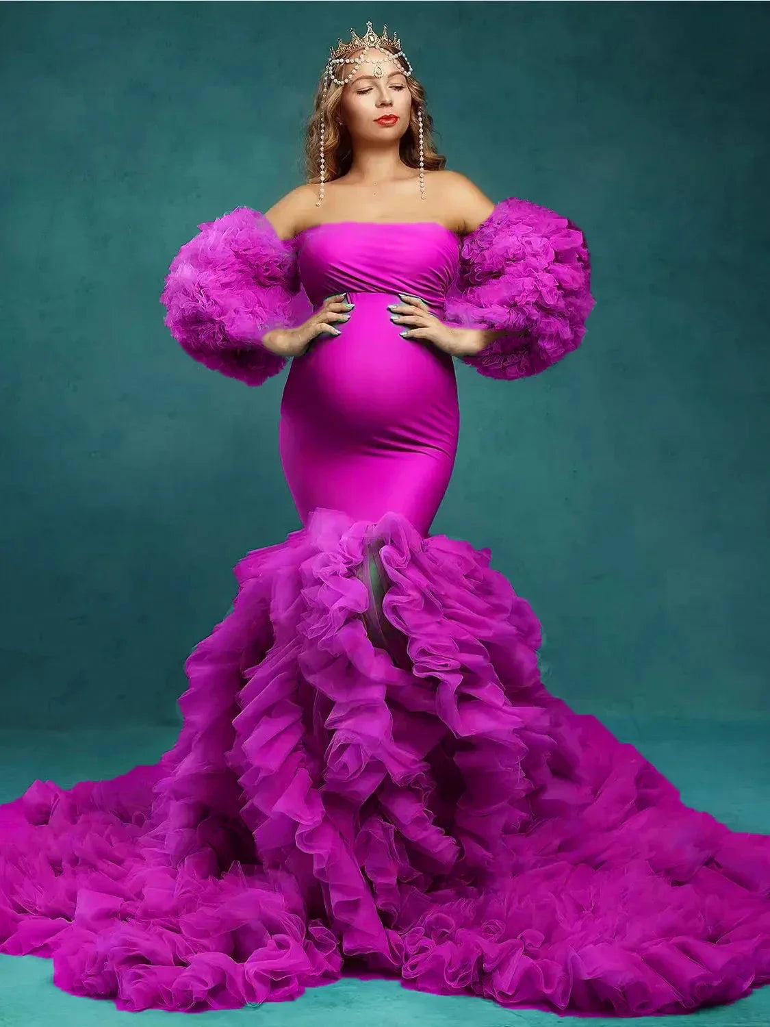 nvxiot - Teal Blue Mermaid Maternity Dress for Pregnant Woman Removable Puffy Sleeve Women Gowns for Photoshoot Evening Bathrobe Robes