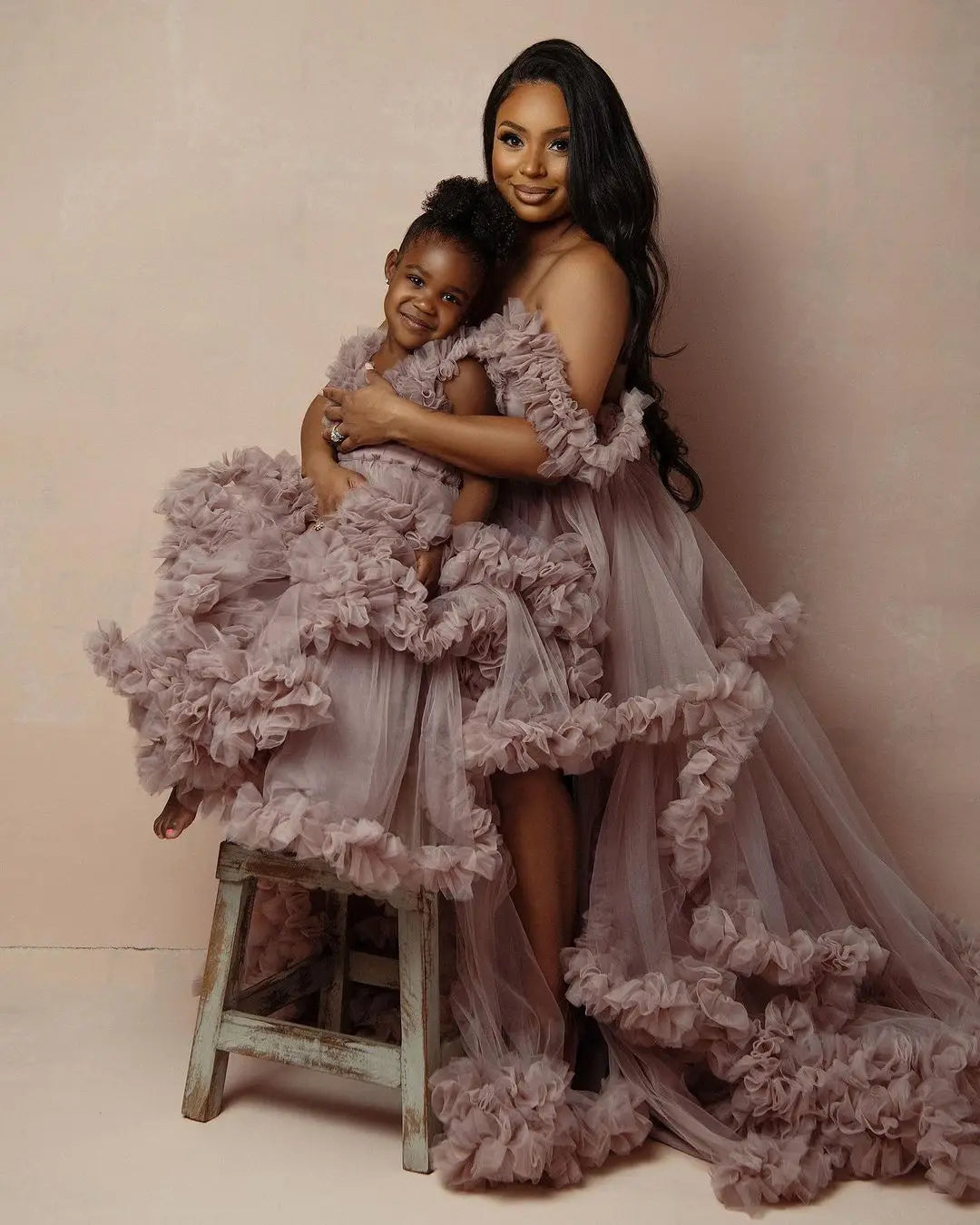 nvxiot - Dusty Pink Ruffled Tulle Maternity Dress Mom and Daughter Photoshoot Gown Corset Back Pregnancy Photography Dresses