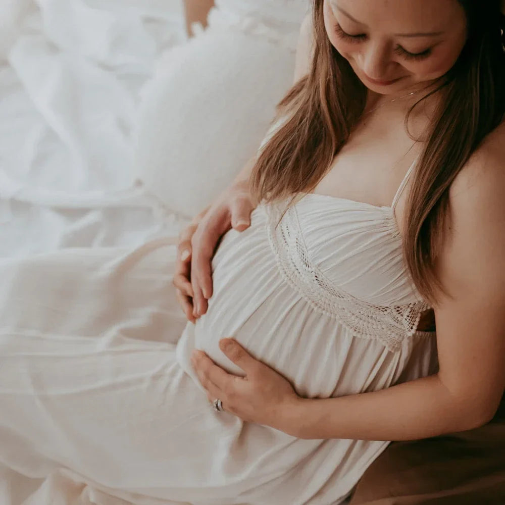 MQTIME - Lace Backless Maternity Dresses for Baby Showers Boho Pregnant Dress V-neck Suspender Bohemian Photo Shooting Pregnancy Dress