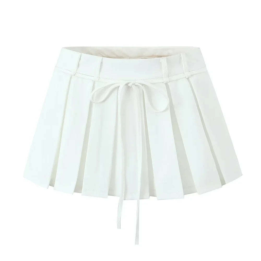 MQTIME - 2024 Summer New Product Women's Retro Strap Design Solid A-line Mid Waist Pleated Half skirt