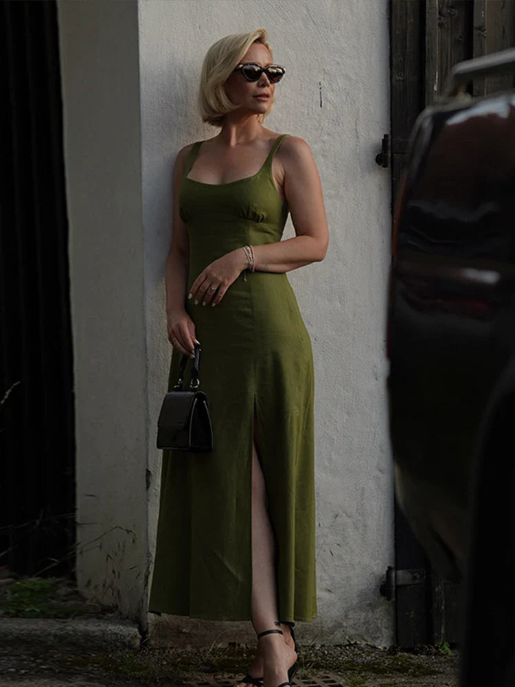 nvxiot - Square Neck Green Sling Long Dresses Women Elegant Front Split Sleeveless Sexy Dress Female Summer Vintage Holiday Robes