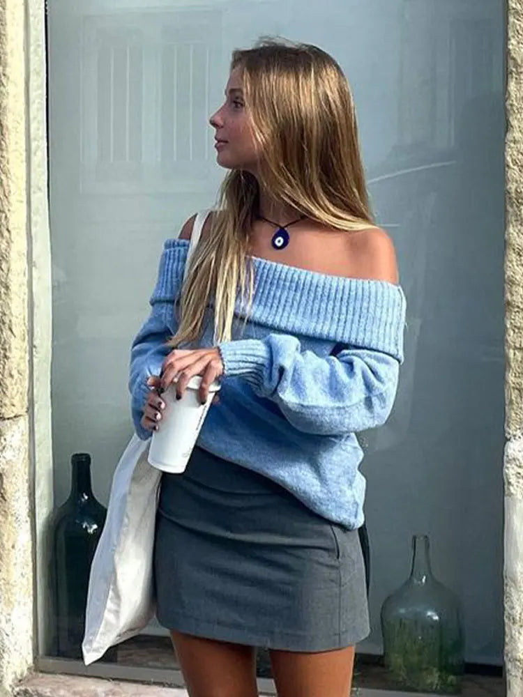 nvxiot Elegant Blue Women Casual Slash Neck Knit Jumper Autumn Chic Casual Long Sleeve Loose Pullover Sweater Lady Office Party Outwear