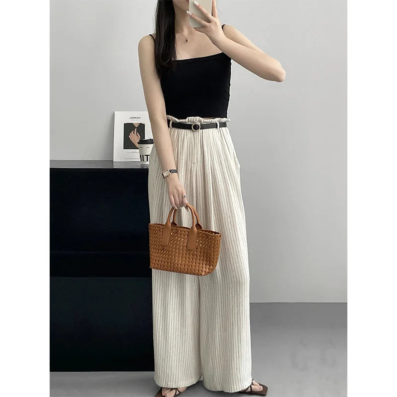 nvxiot - Stripe Linen Cotton Long Pant Women High Waist Wide Leg Pants