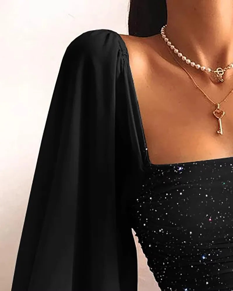 nvxiot - Black Square Neckline Long Sleeved Dress For Women With A Design Sense Of Sparkling Lantern Sleeves Pleated Tight Fitting Dress