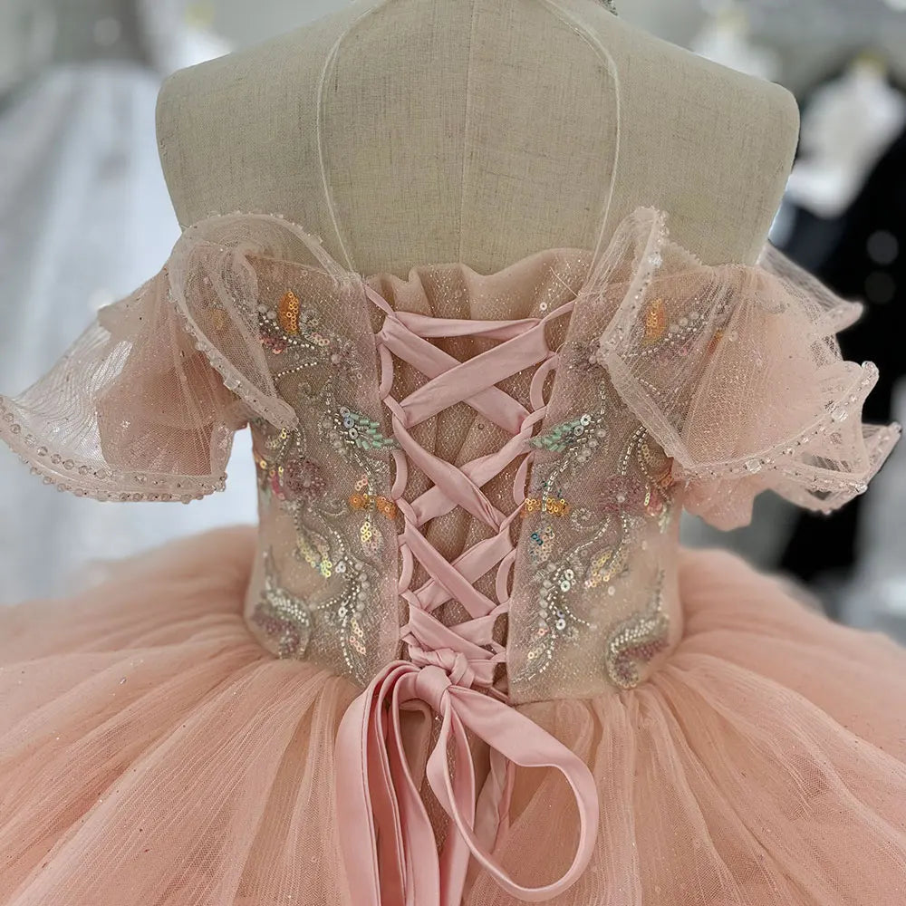 MQTIME - Luxury Coral Girl Dress Beaded Crystal Kids Princess Birthday Wedding Party Children Holiday Communion Gown 2024 J080