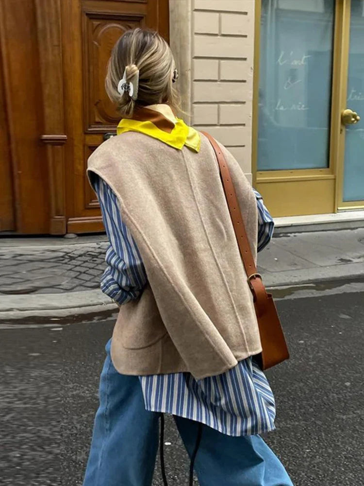 MQTIME - Vintage Single Breasted Vest for Women Spring Autumn Loose Sleeveless O-neck Pockets Waistcoat Jacket Female Fashion Streetwear