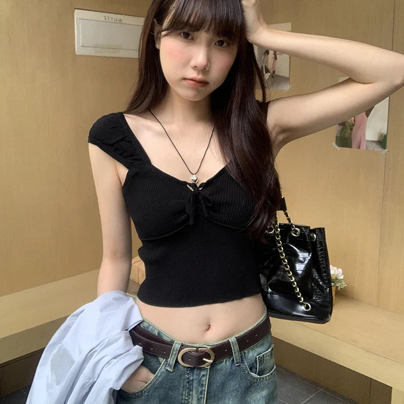 nvxiot - Desire Style Tie Knitted Tank Top for Women 2024 Spring/Summer New Design Sense Short Sweet and Spicy Sexy Sling