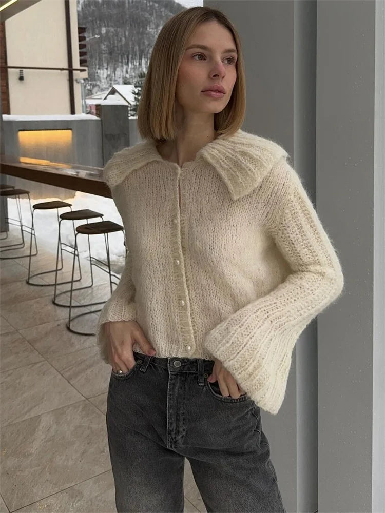 nvxiot - Women's Autumn Sweater Cardigan Casual Long Sleeve Pleated High Waist Loose Cropped Coat Female Y2k Top Solid Cardigan
