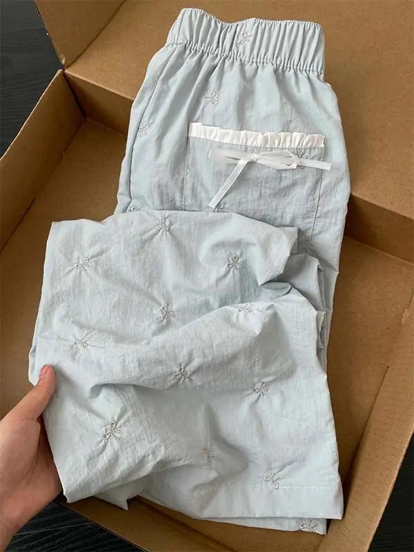 MQTIME - Embroidered Bow Elastic Waistband Straight Leg Light Blue Women's Pants 2024 #korean woman cloth summer y2k e-girl fairycore 00s