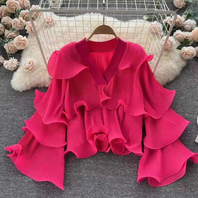nvxiot - White Chiffon Ruffles Maternity Photography Tops Shirts Long Sleeve V Neck Pleats Chiffon Shirts For Pregnancy Photoshoot Blouse