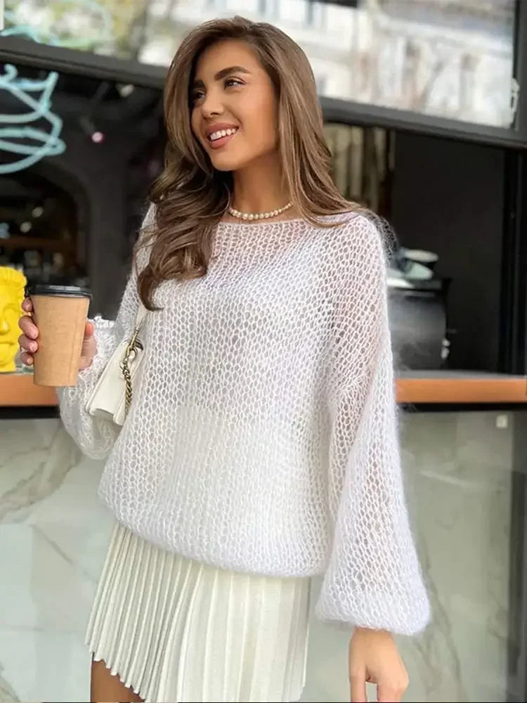 MQTIME - Fashion Women Purple Cut Out See Through Loose Knitwear Fashion O Neck Lantern Long Sleeves Pullover Casual Lady Street Jumper