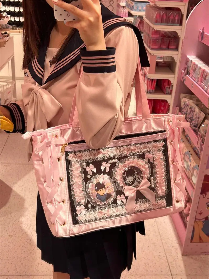 MQTIME - Sweet Lolita Pink Ita Bag Women Japanese Transparent Large Capacity Tote Bag Ladies Harajuku Kawaii Handbag Aesthetic