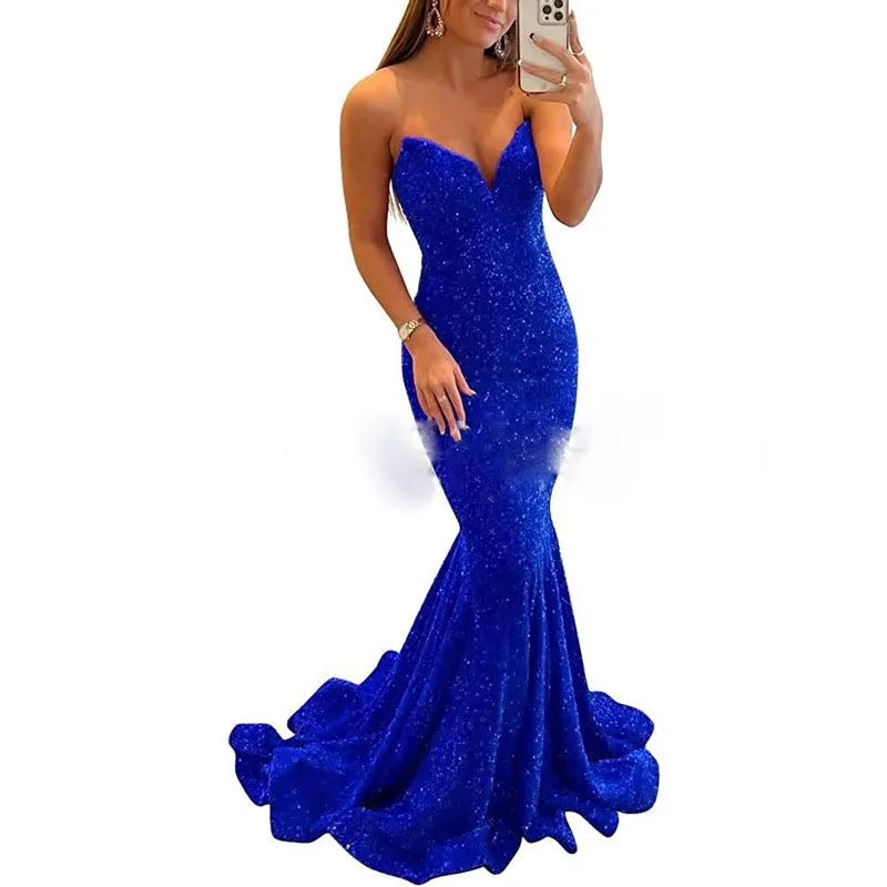 MQTIME - Elegant Mermaid Women Evening Dresses Sequins Court Train V Neck Prom Party Gowns Formal Bridal Dress