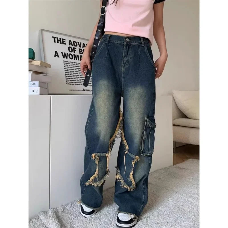 nvxiot Vintage Frayed Star Y2K Splicing Casual Jeans Women Winter New High Waist Distressed Washed Loose Denim Wide Leg Pants
