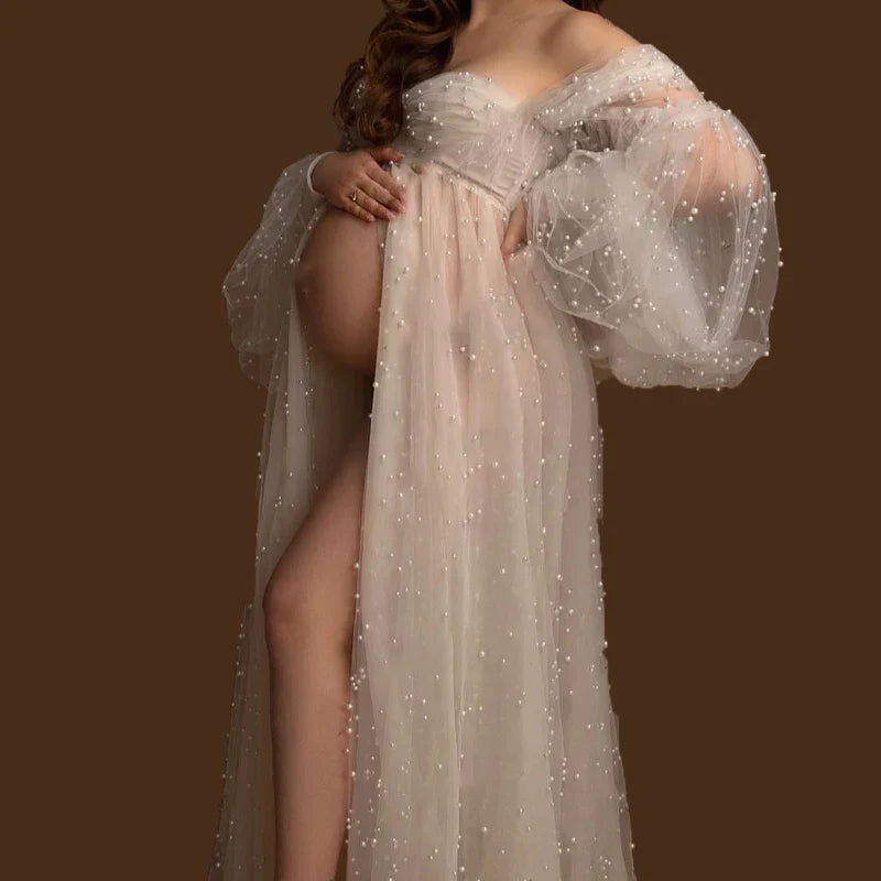nvxiot - Pearl Tulle Maternity Dress for Photoshoot Long Puffy Sleeve Off Shoulder Babyshower Bridal Pregnancy Gowns