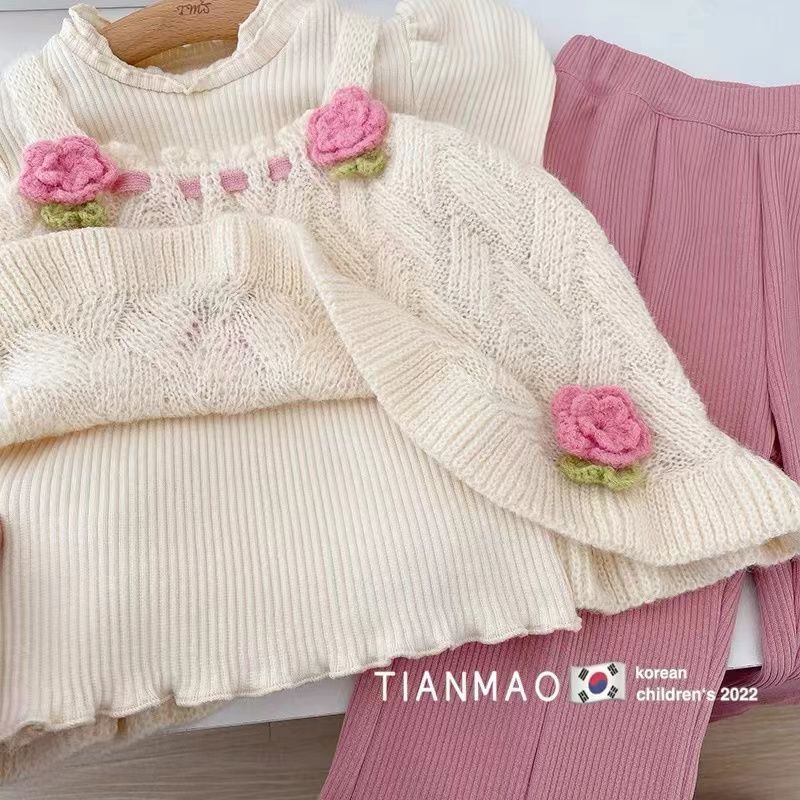nvxiot Children Cute Tops Clothing Spring Autumn Girls Clothes Set New Fashion Korean Style knitting Vest Shirts Flare Pants Kids 3Pcs