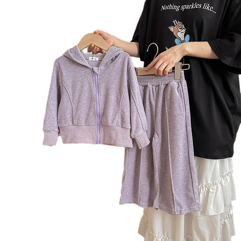 MQTIME - Girls 2 Piece Clothes Set Cotton Baby Girl Hooded Elastic Hem Coat Kid Girl Solid Wide Leg Pant Outfit Children Girl Suit