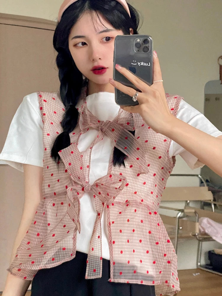 nvxiot - Polka Dot Gauze Tops Lace Bow Design Waistcoat White Short-sleeved T-shirt Fold Wear Tees Summer Sweet Fashion Camisas