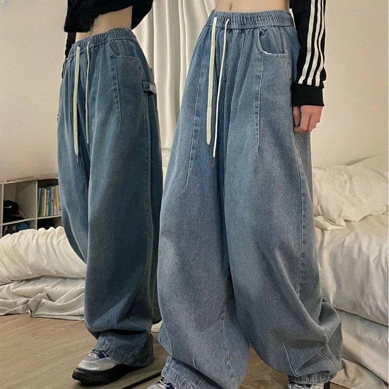 nvxiot - Elastic Waist Oversized American Trouser Denim Wide Leg Streetwear Straight Basic Pants Y2k Spring Women Vintage Baggy Jeans