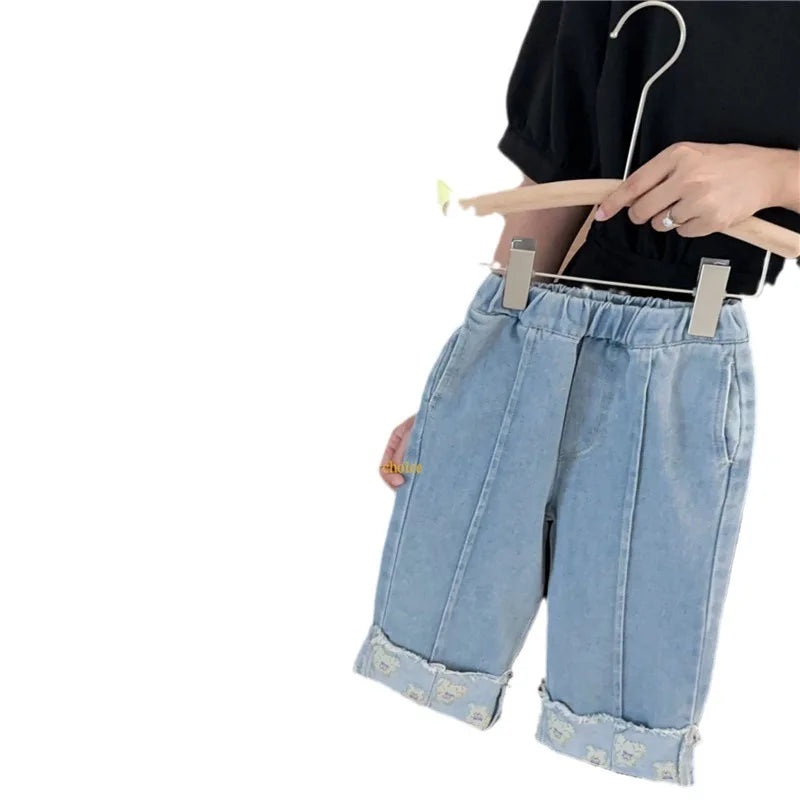 nvxiot - Spring Autumn Korean Children Girl Jeans Pant Cotton Elastic Waist Bear Hem Kid Girl Trouser Solid Casual Kid Girl Wide Leg Pant