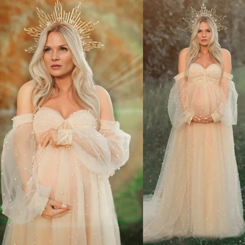 nvxiot - Pearl Tulle Maternity Dress for Photoshoot Long Puffy Sleeve Off Shoulder Babyshower Bridal Pregnancy Gowns