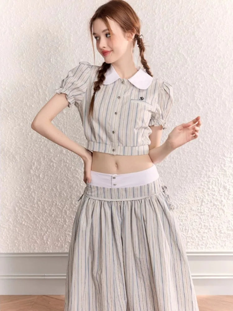 MQTIME - Stripe Turn-down Collar Blouse Preppy Style High Waisted Lace Up Long Skirts Korean Fashion 2 Piece Sets Womens Outfits