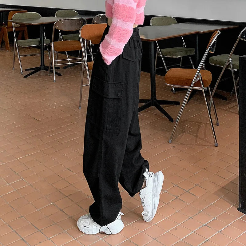 nvxiot Women cargo pants Autumn Winter New Elastic High Waist Wide Leg Casual Pants y2k Women American Loose Sports Parachute trousers