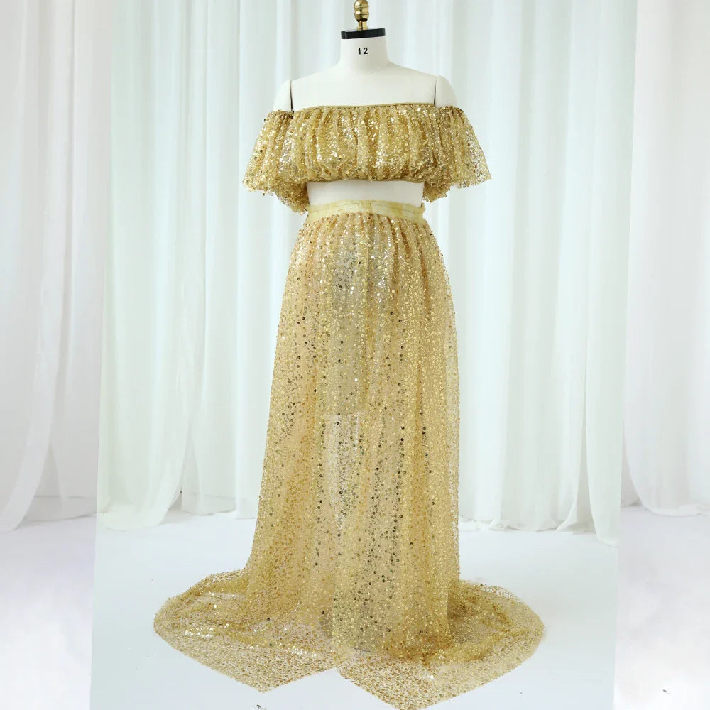 nvxiot - Pregnant Women Photography Dress Transparent Mesh Studded Pearl Sequin Two-Piece Set Maternity Photography Props Dress
