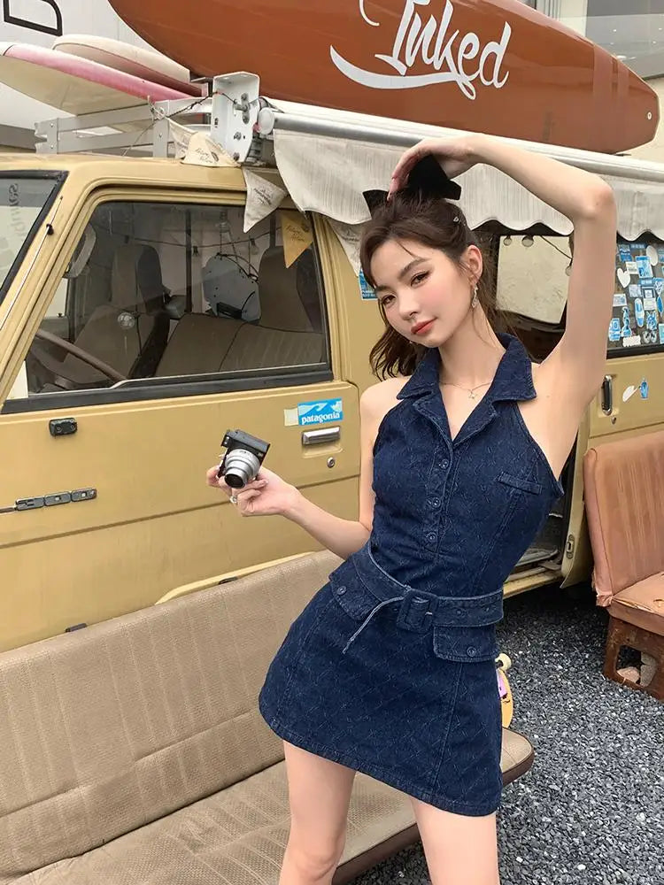 nvxiot - Summer Retro Blue Turn-down Collar Off Shoulder Button Denim Mini Dress Women Sleeveless High Waist A-line Jeans Short Dress New