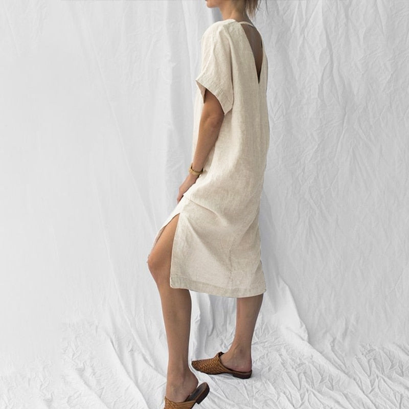 nvxiot Cotton Linen Women'S Summer Dress Sexy V-Neck Short Sleeve Open Side Back Hollow Out Harajuku Long Party Dresses Vestidos