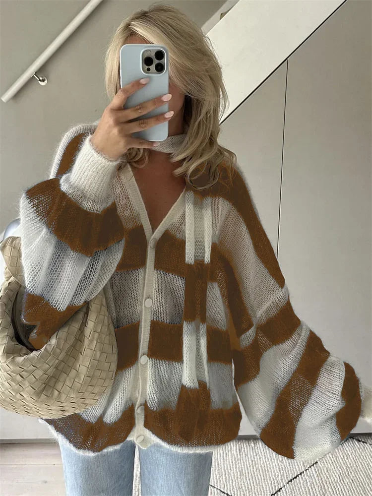 MQTIME - V-Neck Scarf Sweater Cardigan Female Contrast Casual Patchwork Autumn Hollow Out Outwear Women's Knitwear Coat Cardigan