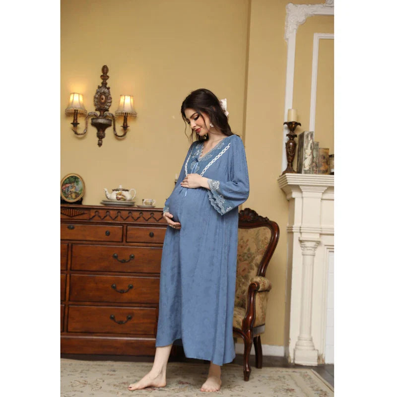 nvxiot - Pregnant Women's Sleeping Dress Four Seasons New Sweet Princess Gravida Lounge Dress Loose Soft Breathable Home Furnishing Dress