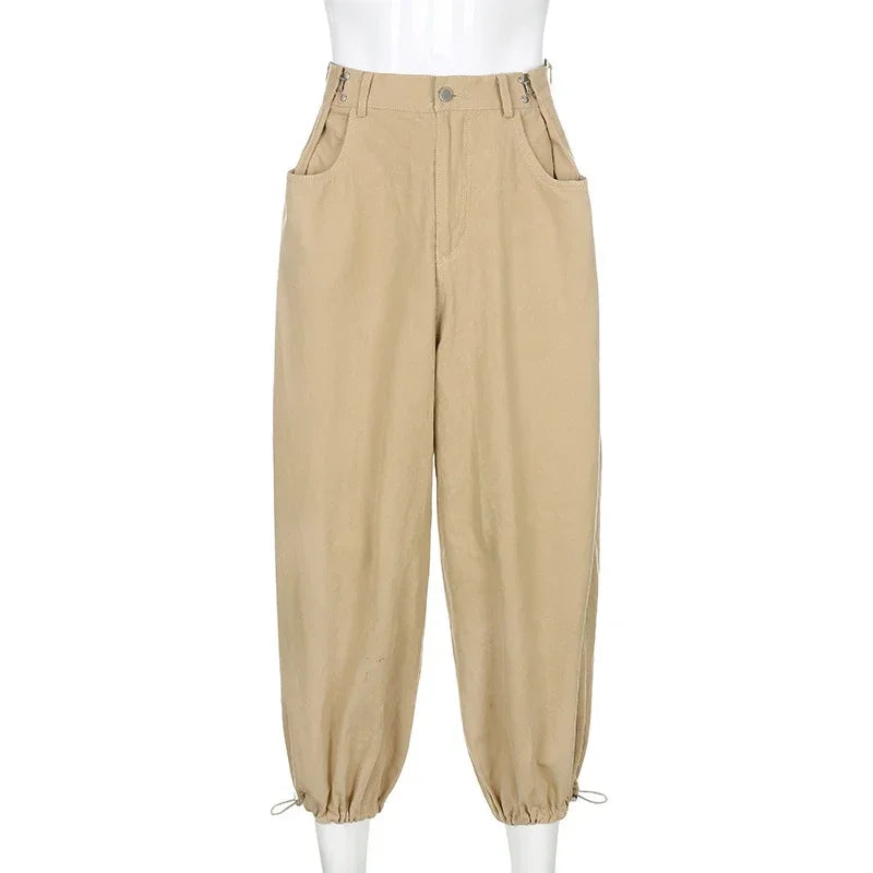 nvxiot - Women Y2K Khaki Adjustable Waist Oversized Cargo Pants Loose Fashion New Drawstring 90s Long Pant Fall Hip Hop Streetwear
