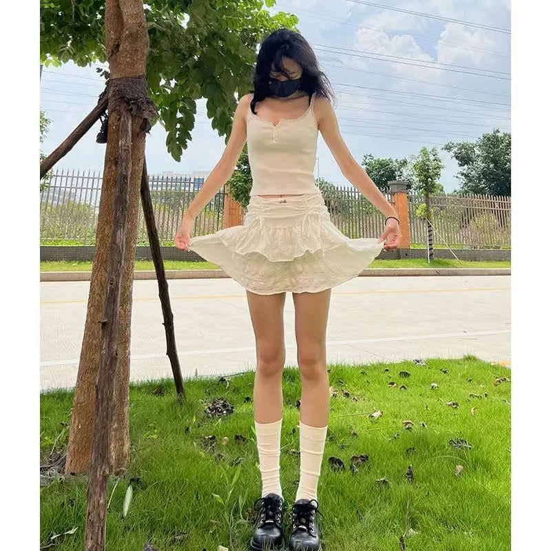 MQTIME - French Style White Mini Skirts Holiday Casual Kawaii High Waist A-line Skirt Sweet Girl Kpop Y2k Skirt for Women Summer
