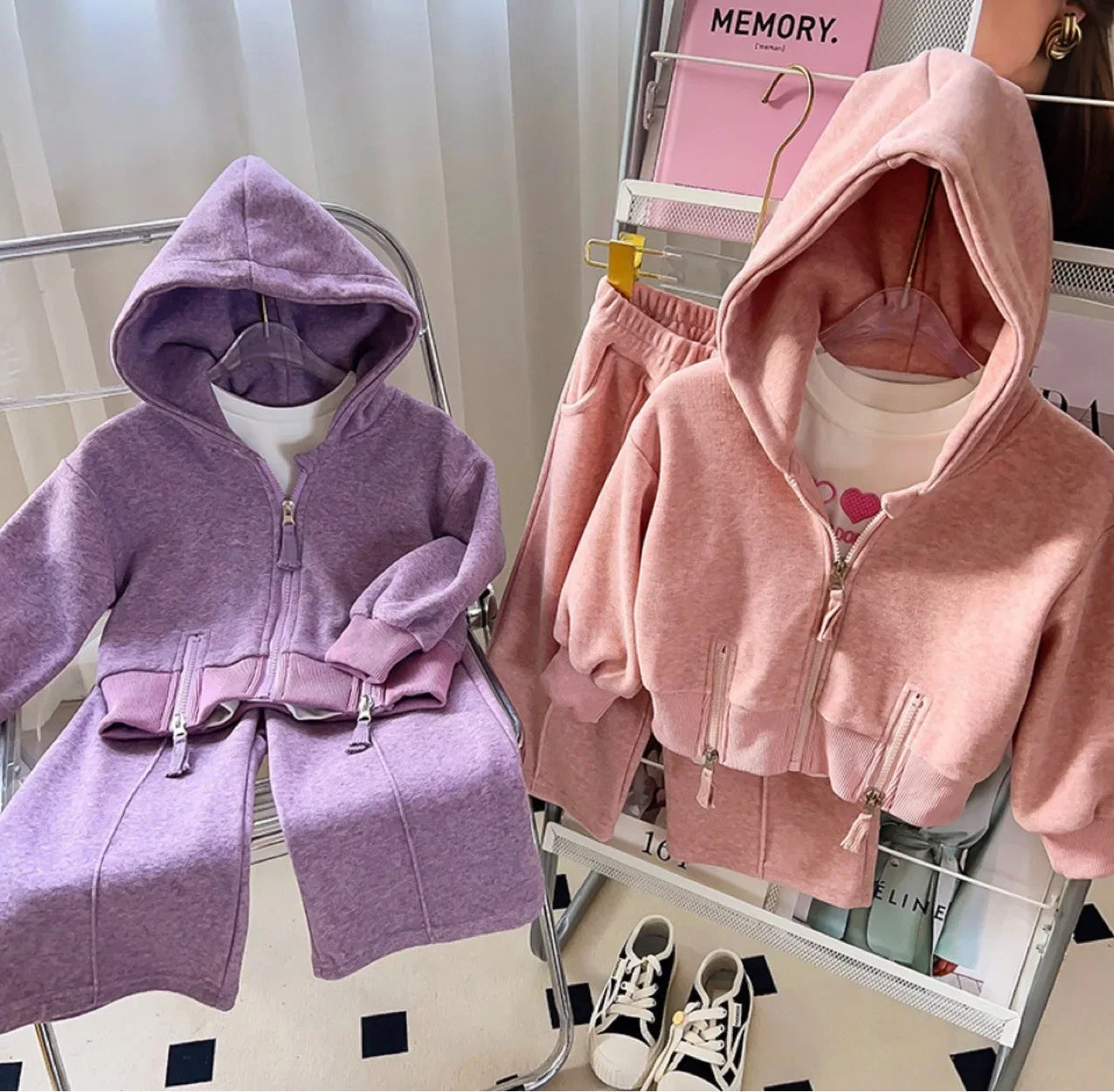 MQTIME - Spring Autumn Children Girl 2PCS Clothes Set Cotton Zipper Hooded Outwear Coat Solid Flared Pant Baby Girl Suit Kid Girl Outfits