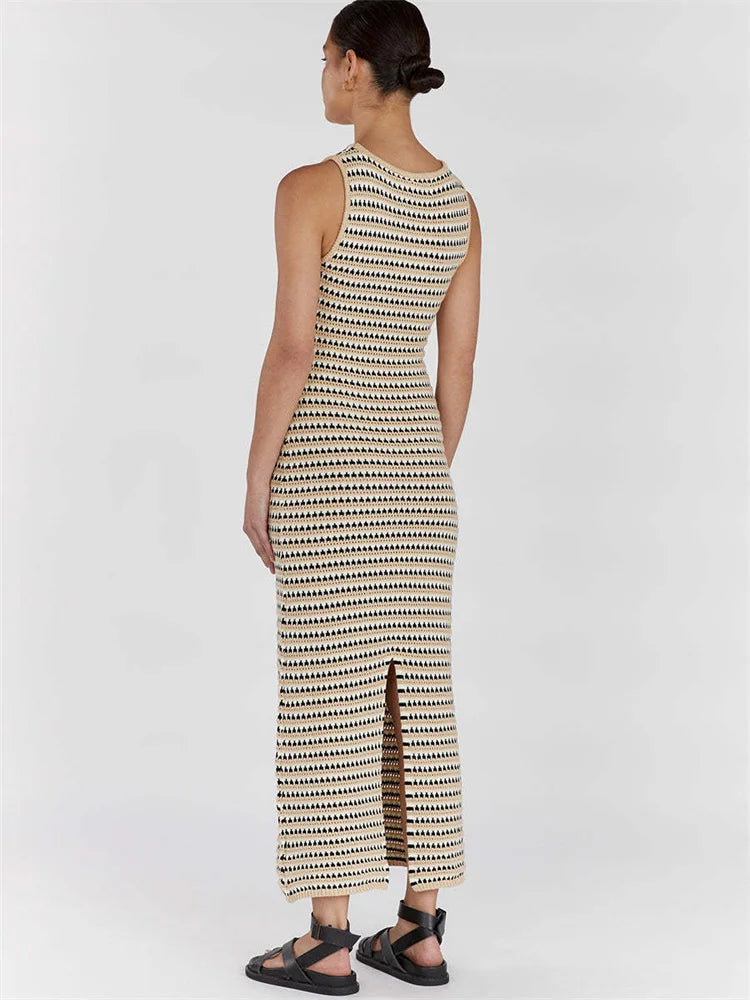 nvxiot - Striped See-Through Long Dress Female Elegant Sleeveless High Waist Patchwork Fashion Beach Dress Knit Maxi Dress Summer