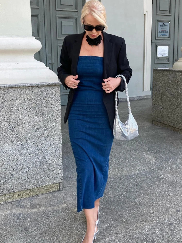 MQTIME - Women Sexy Elastic Denim Dresses Midi Elegant Summer Strapless Dress Slim Fit Party Vestidos High Street Outwear