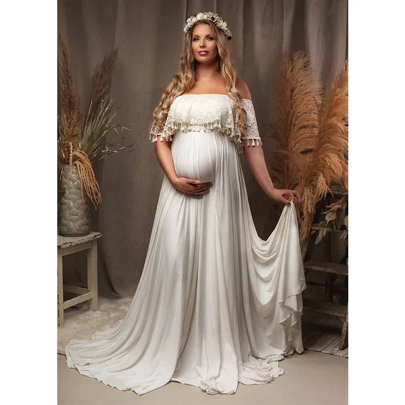 MQTIME - Bohemian Lace Maternity Maxi Dress for Gorgeous Pregnancy Photo Shoots Stunning Floor-Length Gown for Photography Dress